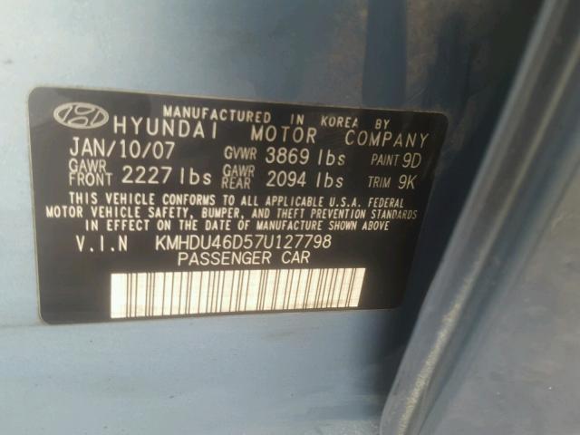 KMHDU46D57U127798 - 2007 HYUNDAI ELANTRA GL BLUE photo 10