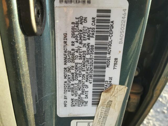 4T1BE32K52U573588 - 2002 TOYOTA CAMRY LE GREEN photo 10