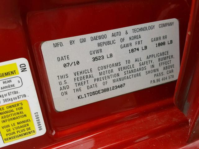 KL1TD5DE3BB123407 - 2011 CHEVROLET AVEO LS RED photo 10