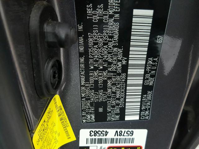 5TDYK3DCXCS274066 - 2012 TOYOTA SIENNA XLE GRAY photo 10