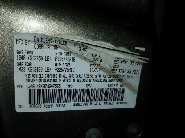 1J4GL48K97W647565 - 2007 JEEP LIBERTY SP GRAY photo 10