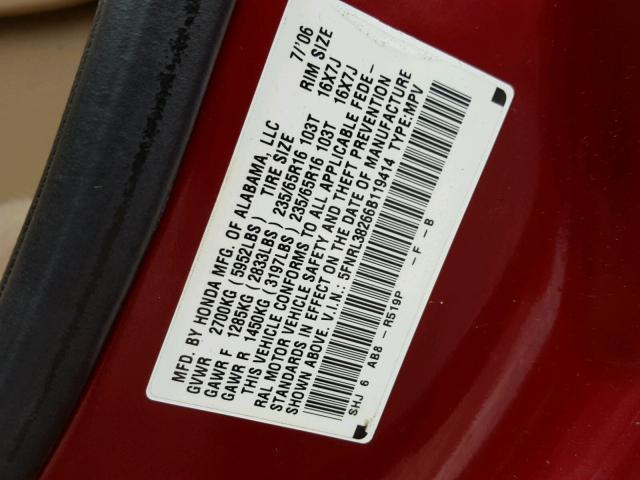 5FNRL38266B119414 - 2006 HONDA ODYSSEY LX BURGUNDY photo 10