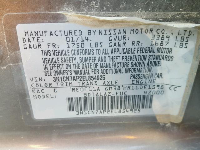 3N1CN7AP2EL854925 - 2014 NISSAN VERSA S SILVER photo 10