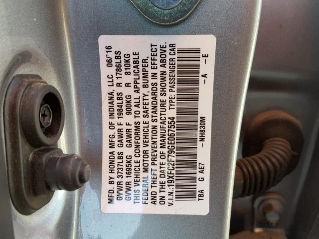 19XFC2F79GE067554 - 2016 HONDA CIVIC EX SILVER photo 10