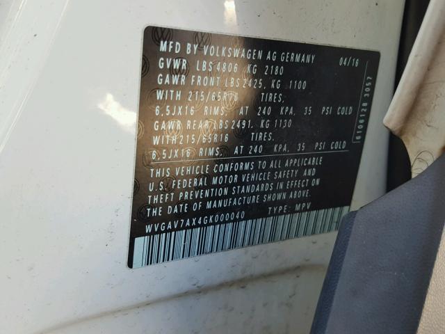 WVGAV7AX4GK000040 - 2016 VOLKSWAGEN TIGUAN S WHITE photo 10