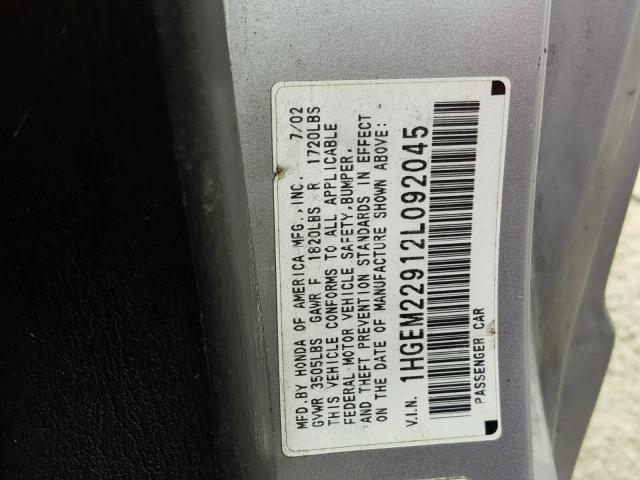 1HGEM22912L092045 - 2002 HONDA CIVIC EX SILVER photo 10