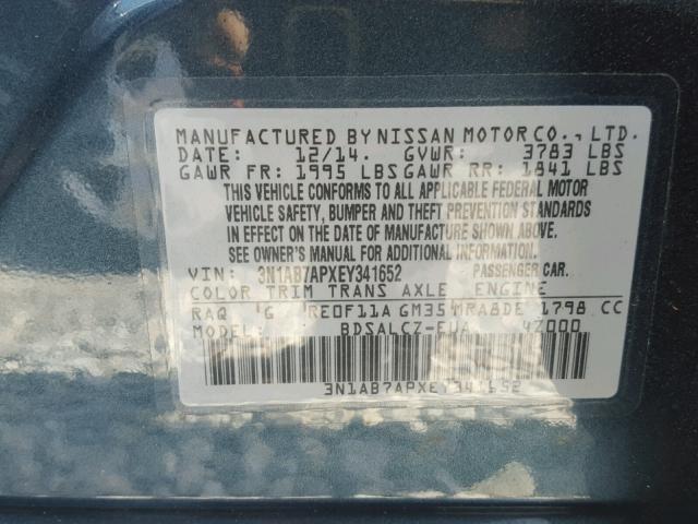 3N1AB7APXEY341652 - 2014 NISSAN SENTRA S BLUE photo 10