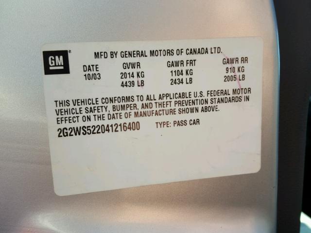 2G2WS522041216400 - 2004 PONTIAC GRAND PRIX SILVER photo 10