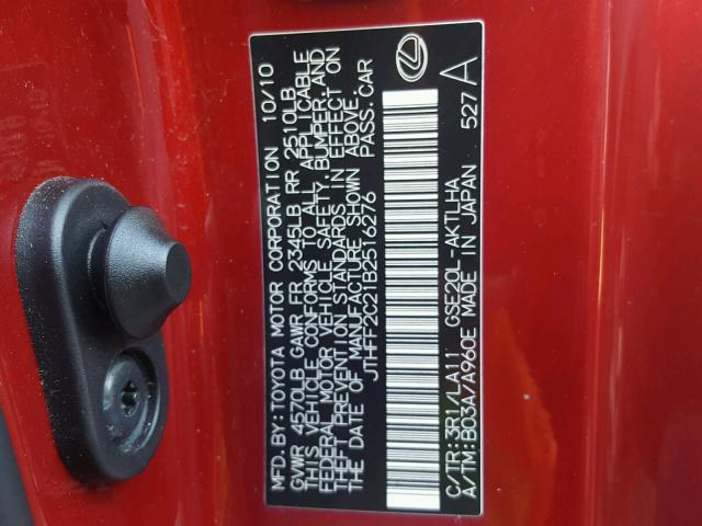 JTHFF2C21B2516276 - 2011 LEXUS IS 250 RED photo 10