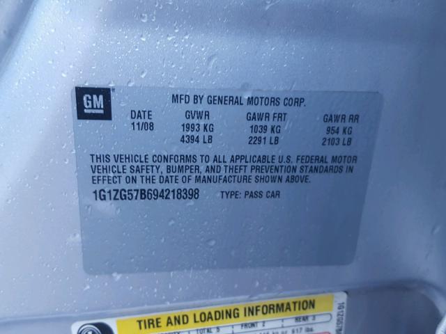 1G1ZG57B694218398 - 2009 CHEVROLET MALIBU LS ვერცხლისფერი ფოტო 10