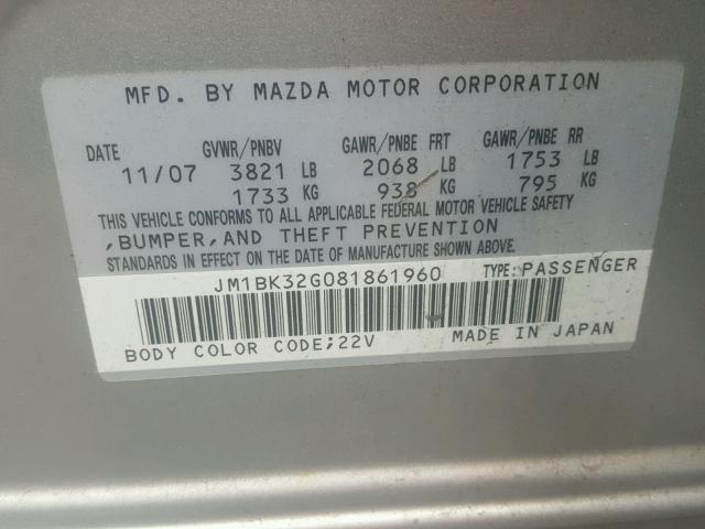 JM1BK32G081861960 - 2008 MAZDA 3 I SILVER photo 10