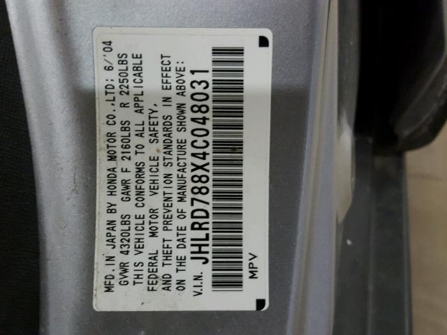 JHLRD788X4C048031 - 2004 HONDA CR-V EX ვერცხლისფერი ფოტო 10