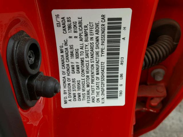 2HGFC2F52GH542272 - 2016 HONDA CIVIC LX RED photo 10