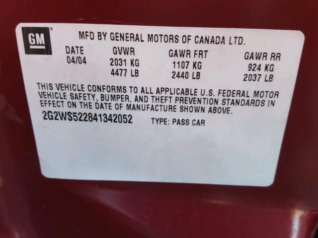 2G2WS522841342052 - 2004 PONTIAC GRAND PRIX MAROON photo 10