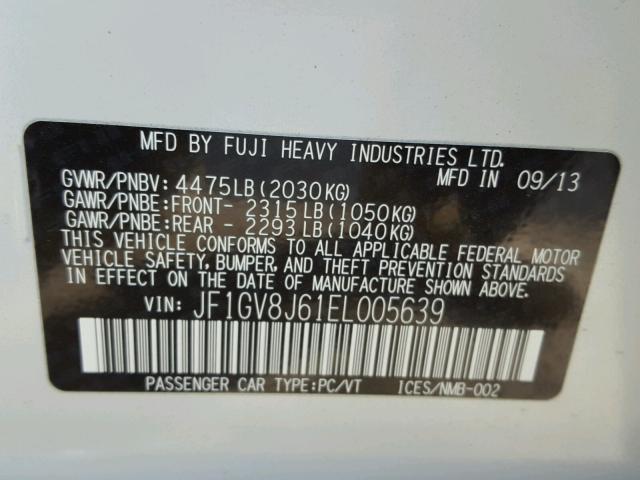 JF1GV8J61EL005639 - 2014 SUBARU IMPREZA WR WHITE photo 10