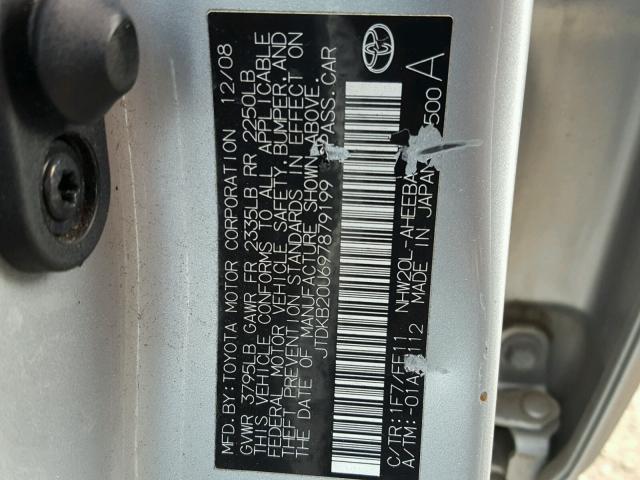 JTDKB20U697879199 - 2009 TOYOTA PRIUS SILVER photo 10