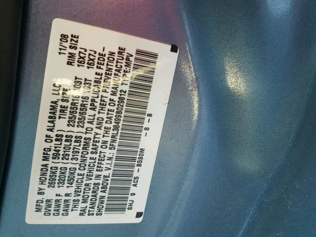 5FNRL38499B029812 - 2009 HONDA ODYSSEY EX BLUE photo 10