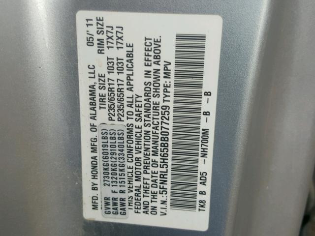 5FNRL5H65BB077259 - 2011 HONDA ODYSSEY EX SILVER photo 10