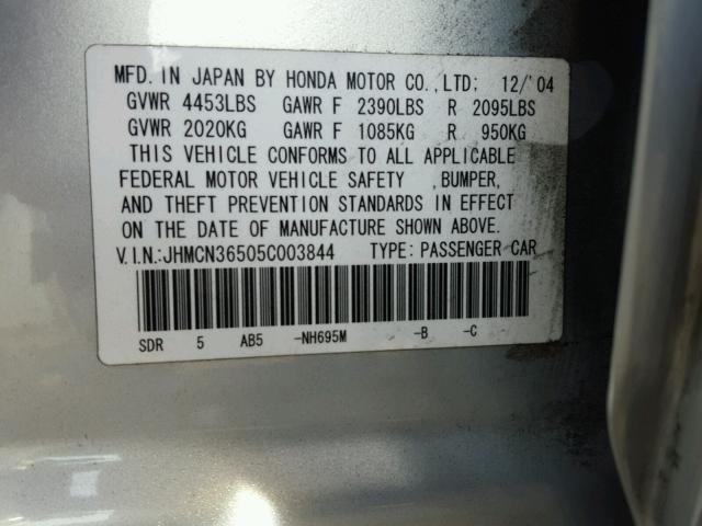 JHMCN36505C003844 - 2005 HONDA ACCORD HYB SILVER photo 10