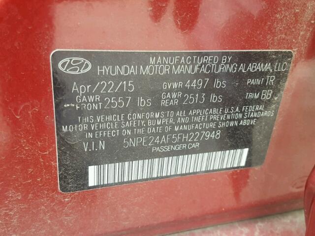 5NPE24AF5FH227948 - 2015 HYUNDAI SONATA SE RED photo 10