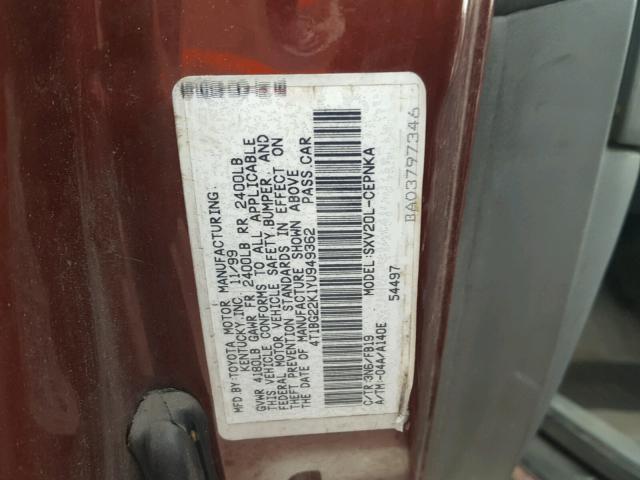 4T1BG22K1YU949362 - 2000 TOYOTA CAMRY CE RED photo 10