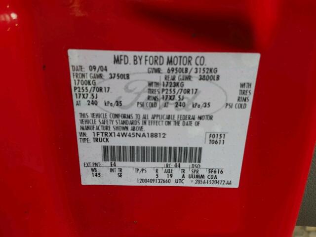 1FTRX14W45NA18812 - 2005 FORD F150 RED photo 10