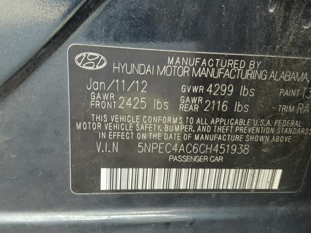 5NPEC4AC6CH451938 - 2012 HYUNDAI SONATA SE BLACK photo 10