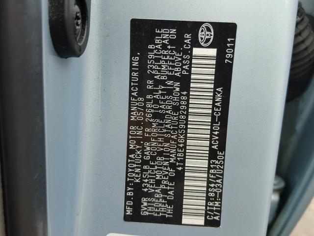 4T1BE46K59U829884 - 2009 TOYOTA CAMRY BASE BLUE photo 10