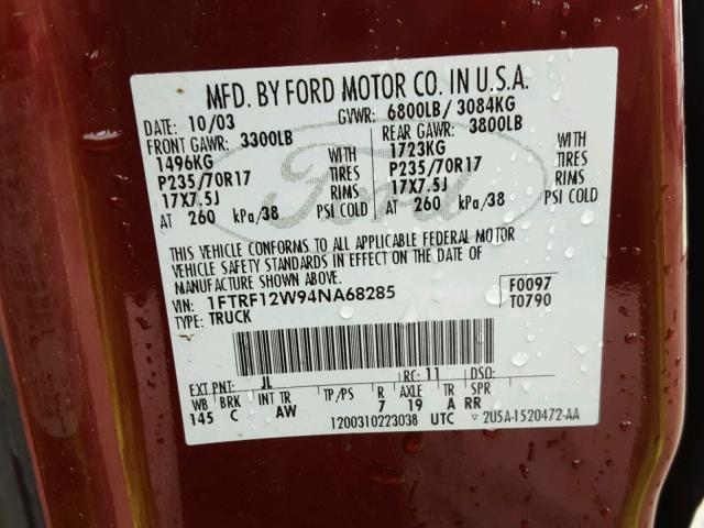 1FTRF12W94NA68285 - 2004 FORD F150 MAROON photo 10