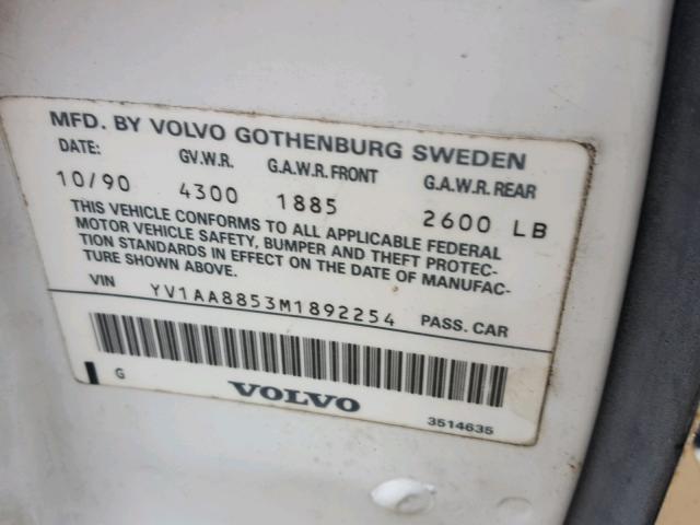 YV1AA8853M1892254 - 1991 VOLVO 240 BASE WHITE photo 10