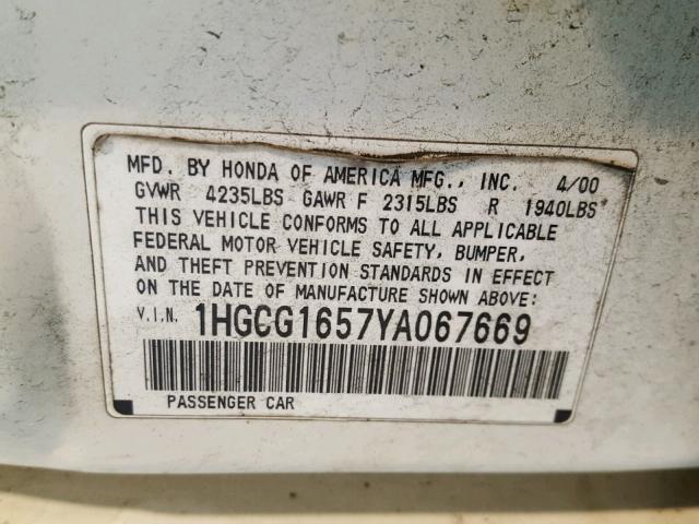 1HGCG1657YA067669 - 2000 HONDA ACCORD EX WHITE photo 10