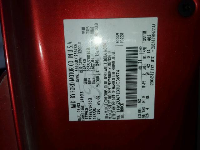 1FMZU67E33UC36974 - 2003 FORD EXPLORER S BURGUNDY photo 10