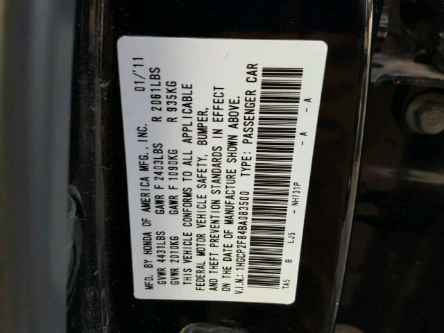 1HGCP2F84BA083500 - 2011 HONDA ACCORD EXL BLACK photo 10