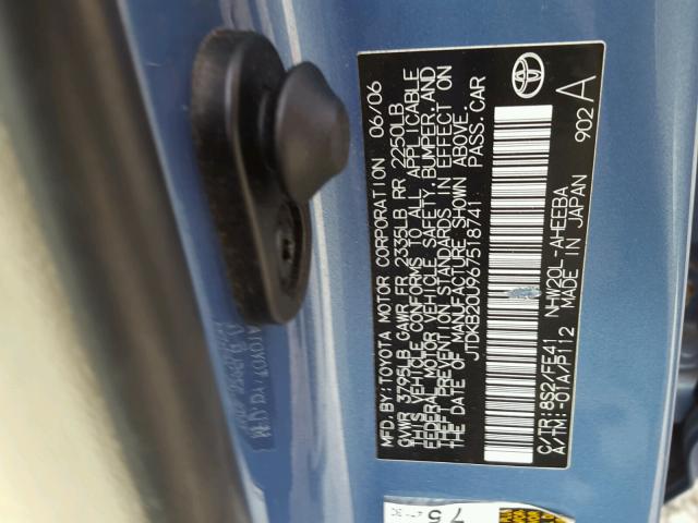 JTDKB20U967518741 - 2006 TOYOTA PRIUS BLUE photo 10