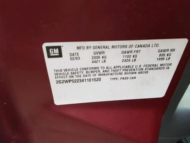 2G2WP522341101520 - 2004 PONTIAC GRAND PRIX MAROON photo 10