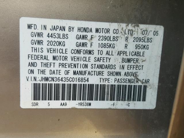 JHMCN36435C016854 - 2005 HONDA ACCORD HYB TAN photo 10