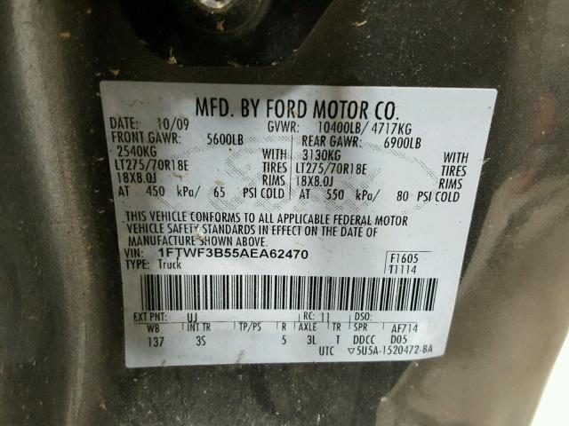 1FTWF3B55AEA62470 - 2010 FORD F350 SUPER GRAY photo 10