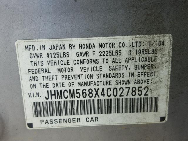 JHMCM568X4C027852 - 2004 HONDA ACCORD EX SILVER photo 10