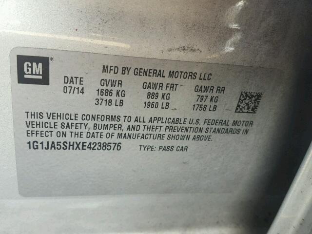 1G1JA5SHXE4238576 - 2014 CHEVROLET SONIC LS SILVER photo 10