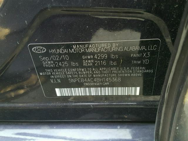5NPEB4AC4BH145368 - 2011 HYUNDAI SONATA GLS BLUE photo 10
