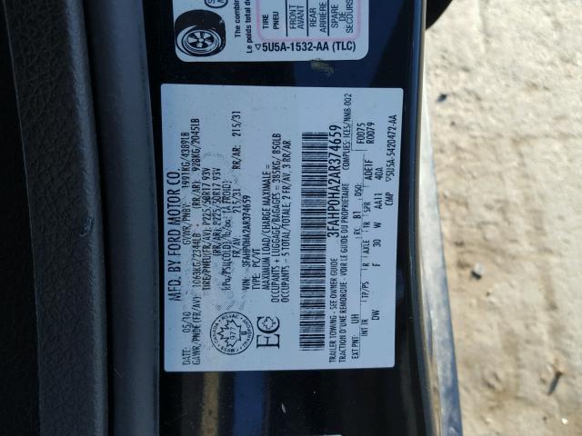 3FAHP0HA2AR374659 - 2010 FORD FUSION SE BLACK photo 10