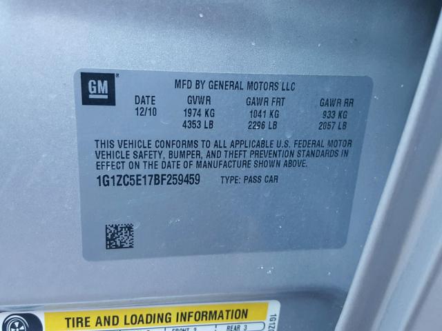 1G1ZC5E17BF259459 - 2011 CHEVROLET MALIBU 1LT SILVER photo 10