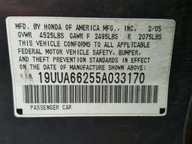 19UUA66255A033170 - 2005 ACURA TL GRAY photo 10