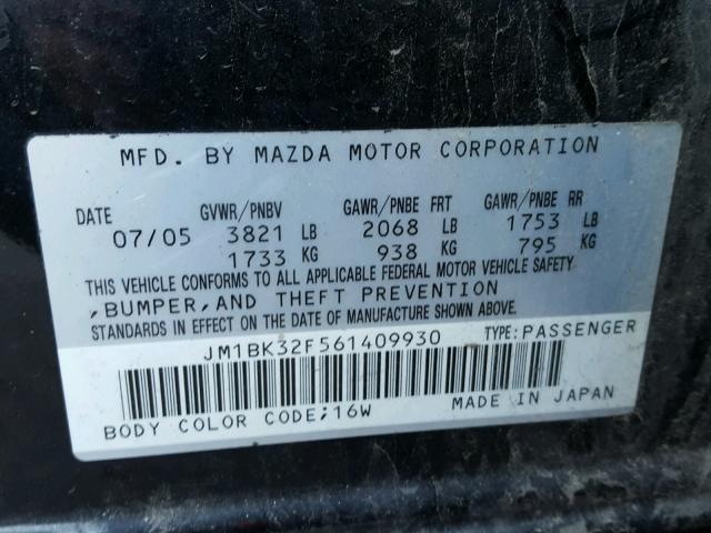 JM1BK32F561409930 - 2006 MAZDA 3 I BLACK photo 10