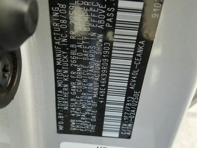 4T4BE46K99R091903 - 2009 TOYOTA CAMRY BASE SILVER photo 10