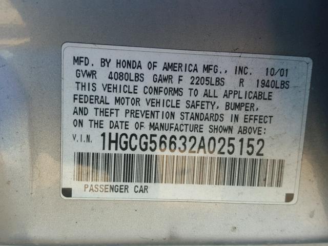 1HGCG56632A025152 - 2002 HONDA ACCORD EX SILVER photo 10