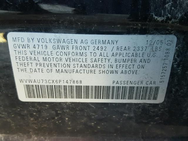 WVWAU73CX6P147868 - 2006 VOLKSWAGEN PASSAT BLACK photo 10