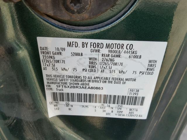 1FTSX2BR3AEA80863 - 2010 FORD F250 SUPER GREEN photo 10