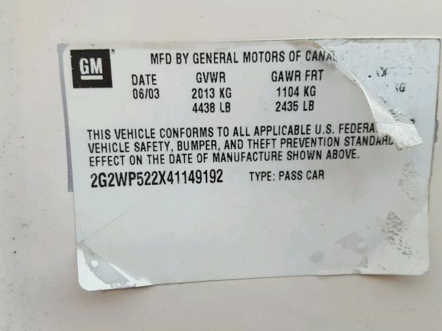 2G2WP522X41149192 - 2004 PONTIAC GRAND PRIX WHITE photo 10