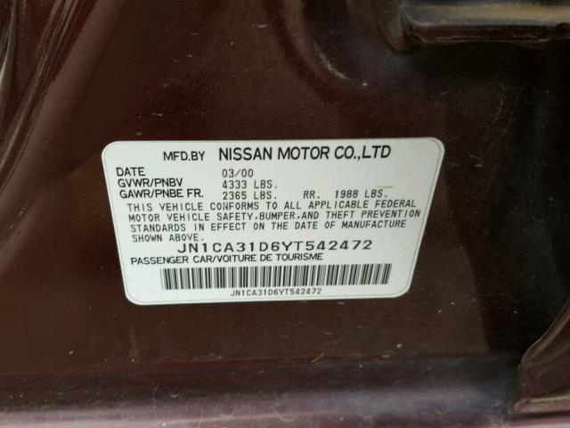 JN1CA31D6YT542472 - 2000 NISSAN MAXIMA GLE BURGUNDY photo 10